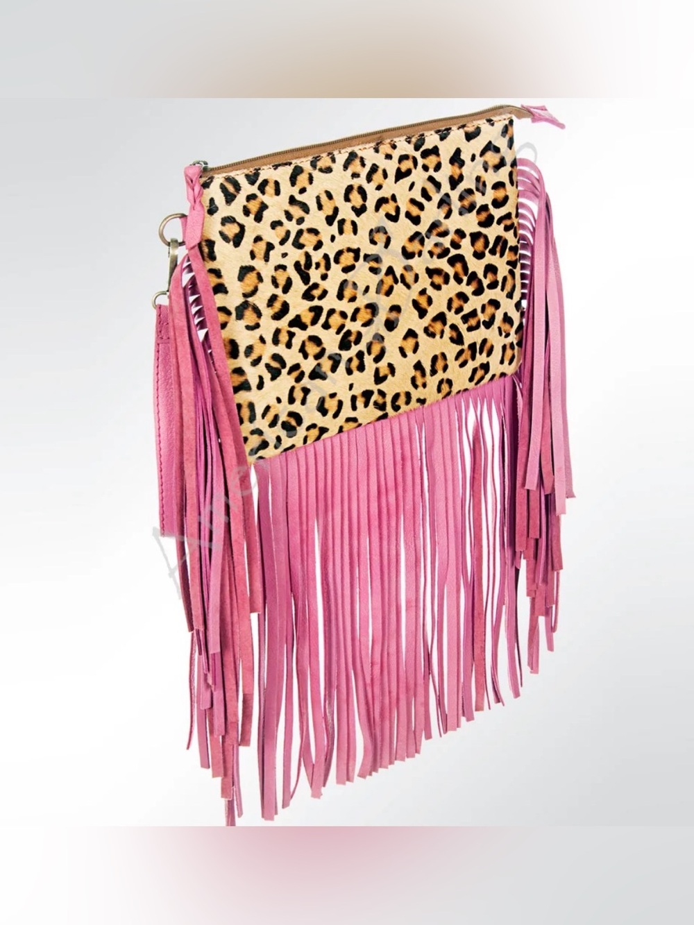 Western Clutch Leopard Print & Magenta Pink Fringe Clutch Bag